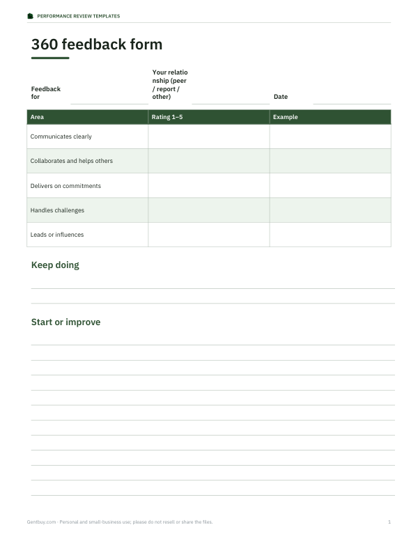 Preview of Printable 360 Feedback Form
