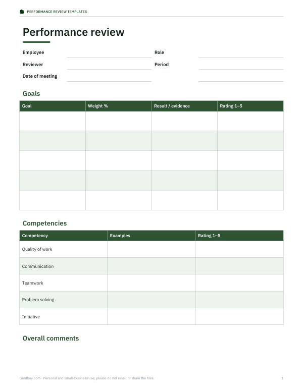 Preview of Printable Manager Review Form