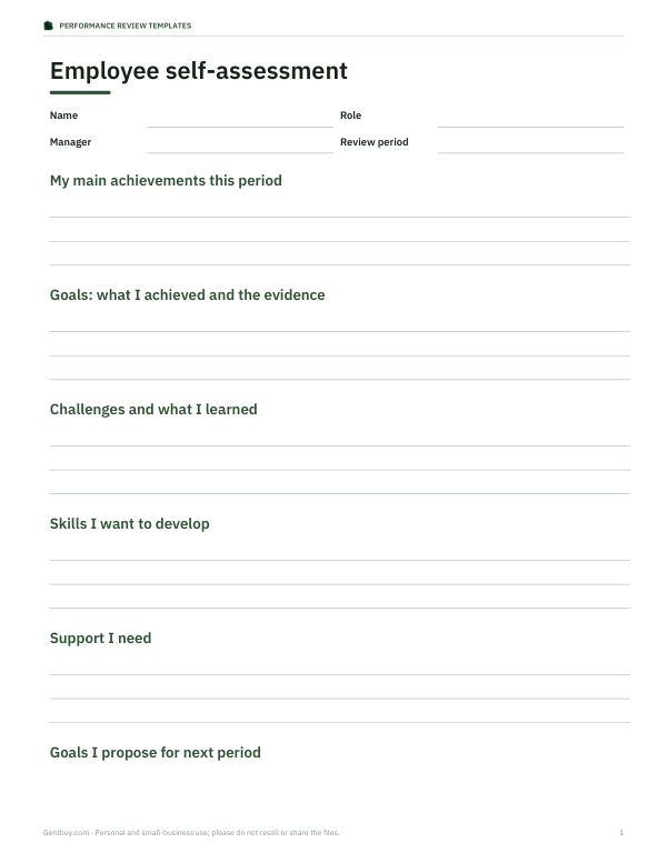 Preview of Printable Self-Assessment Form